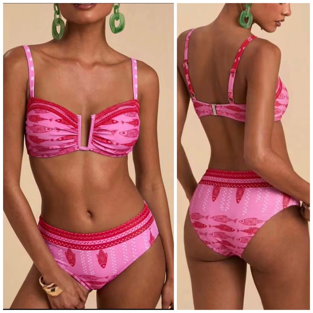 NEW Pink & Red Patterned Bandeau Bikini Set with High Waist Bottoms MEDIUM